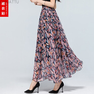 OVMATTU品牌波西米亞長裙夏季顯瘦百搭雪紡半身裙印花松緊腰大擺仙女裙子 五彩葉子 XL