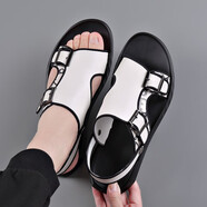 柯盾（KEDUN）拖鞋男士新款真皮休閑沙灘涼鞋潮流夏季外穿兩用涼拖 白色 38