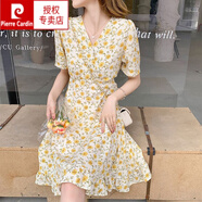 皮爾卡丹（pierre cardin）小個(gè)子法式V領(lǐng)碎花短袖連衣裙女夏季新款收腰顯瘦氣質(zhì)淑女雪紡裙 圖片色 S