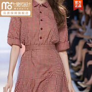 莫代爾2024夏季新款復古紅色格紋連衣裙小眾設(shè)計甜辣收腰時尚簡約裙子女 紅色 S