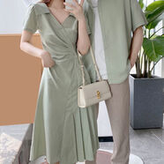 名崢情侶裝夏季一男一女套裝裙子情侶裝襯衫連衣裙夏裝2024新款韓版小 淺綠色連衣裙 S