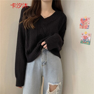 她風(fēng)采 短款V領(lǐng)針織衫女秋冬2021年新款百搭寬松慵懶風(fēng)打底內(nèi)搭毛衣外穿 黑色 2XL