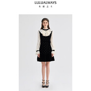 LULUALWAYS我愛(ài)露露24冬季新款氣質(zhì)優(yōu)雅重工收腰平絨拼接短款衣裙 黑色 L