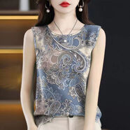 背心t恤女夏季新款寬松中年印花時(shí)尚百搭吊帶無(wú)袖外穿文藝上衣女 鋼藍背心 2XL （適合125-135斤）