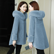 三禮高端品牌女裝皮草女中長(cháng)款新款羊剪絨大衣復合皮毛一體外套 亮羽藍 M