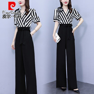 皮爾卡丹（pierre cardin）針織別致感條紋拼接闊腿連體褲套裝女夏裝2025新款時(shí)尚氣質(zhì)連衣褲 黑色 M (建議95-104斤)