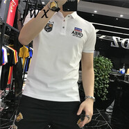 JWX 香港潮牌徽章刺繡修身polo衫男   夏季新款個(gè)性潮流帥氣韓版短袖翻領(lǐng)百搭上衣 白色 XL