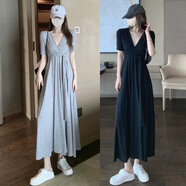 錫曼塵莫代爾連衣裙 外穿矮個(gè)子氣質(zhì)深V領(lǐng)低胸夏棉韓版綁帶寬松中長(cháng)款A 黑色 S