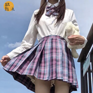 jk制服格裙全套女JK學(xué)生裙子夏季日系少女制服百褶裙短裙學(xué)院風(fēng)半身裙歐維沃 電競少女 短袖襯衫+格裙+領(lǐng)結(jié) S