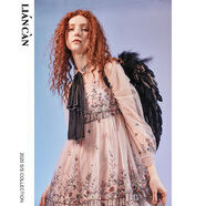 蓮燦新民族風(fēng)翻領(lǐng)透明蕾絲吊帶兩件套粉色長(cháng)袖連衣裙女 粉色 M