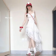 GOCHIEI絕美超仙的白色蕾絲吊帶連衣裙子女夏季設計感不規則斜擺收腰長(cháng)裙 白色連衣裙  S