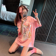 艾柔丹AIROUDAN輕奢女裝淺奶油藍粉色小熊印花短袖T恤女中長(cháng)款可愛(ài)上衣 粉色 XL