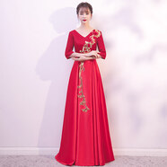 麗佰昕大合唱演出服女長裙合唱禮服宴會聚會主持人年會晚禮服金色服裝冬 大紅色 L