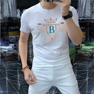 匡都（KRDUGBR）香港潮牌短袖T恤男輕奢夏季男裝燙鉆印花圓領(lǐng)半袖打底衫冰絲免燙 白色A53 2XL 【140-155斤】