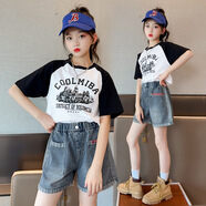 康薇貝女童牛仔短褲夏季薄款兒童休閑褲外穿夏褲6-12歲中大童女孩馬褲 短袖+牛仔短褲（套裝） 160 建議體重85左右