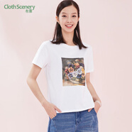 布景T恤女夏季新品簡約潮流撞色印花短袖直筒上衣女 白色 S