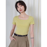 EGGKA正肩短袖T恤女短款新款夏修身顯瘦體恤打底純色上衣 淡黃色-方領(lǐng)E22T004AE S