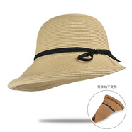 SOMUBAY赫本風(fēng)遮陽(yáng)草帽女復古可折疊盆帽漁夫帽子太陽(yáng)帽涼帽太陽(yáng)帽母親節 CM-324 米色 可調節(56-58cm)