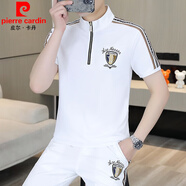 皮爾卡丹（pierre cardin）服裝歐洲站2024新款男士立領(lǐng)短袖T恤套裝秋季帥氣服裝休閑兩件套 6T001-白色 上衣+褲子 2XL
