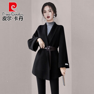 皮爾卡丹（pierre cardin）高檔雙面毛呢外套女短款2024春秋新款女裝小個子氣質收腰呢子大衣 黑色(細毛呢品質) XS 建議85-斤左右