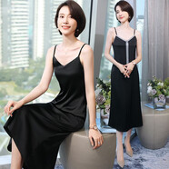 職業(yè)吊帶連衣裙女夏季中長(cháng)款流蘇V領(lǐng)性感時(shí)尚西裝內搭雪紡打底裙 080黑色連衣裙 S 建議80-90斤