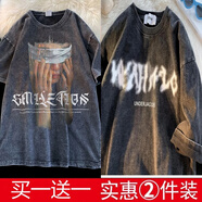 浩術(shù)短袖t恤男士夏季美式衣服體恤男裝寬松五分袖潮牌半袖水洗做舊T恤 蒙眼女孩+模糊字母【兩件裝】 L 【100-120斤】