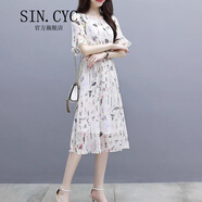 SIN.CYC女裝雪紡連衣裙女夏裝收腰顯瘦溫柔氣質(zhì)甜美仙女碎花長裙 白色 L