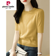 皮爾卡丹（pierre cardin）高級法式半高領(lǐng)短款t恤上衣女夏季2024新款短袖冰絲針織打底衫薄 姜黃色 針織面料 M 建議80-110斤