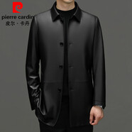 皮爾卡丹（pierre cardin）皮衣外套男春秋季中長款皮夾克商務(wù)休閑綿羊皮衣中年翻領(lǐng)真皮皮衣 黑色 L (175)