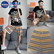 NASALIKE秋季純棉針織短褲男社會精神小伙潮牌情侶五分褲男女快手網(wǎng)紅同款 卡其色梵高先生D04條紋針織短褲 L 【105-125斤】
