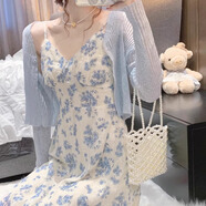 舒芳蝶（shufangdie）連衣裙套裝女夏2025法式甜美小清新仙氣仙森系開衫碎花吊帶裙子女 藍(lán)色吊帶裙+開衫 S