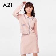 A21春秋新品女裝高腰顯瘦a字洋氣短裙針織格紋休閑半身裙女白色 淺粉紅 S