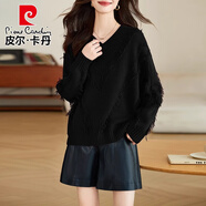 皮爾卡丹（pierre cardin）紅色針織衫毛衣女款2025新款秋冬慵懶風(fēng)韓版寬松套頭流蘇外穿上衣 黑色 M