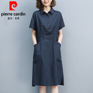 皮爾卡丹（pierre cardin）連衣裙女?huà)宭媽夏季大l碼女裝2024年新款中年亞麻休閑棉麻裙子 藏青短袖(襯衫領(lǐng)) 3XL 約適合體重156-180斤