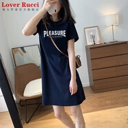 LOVER RUCCI夏季藏青色短袖t恤裙女中長款遮屁股純棉字母長t寬松顯瘦連衣裙子 藏青色(PLEA白) M