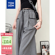 唐獅（TonLion）2025夏女黑白格子休閑褲高腰百搭闊腿長(zhǎng)褲