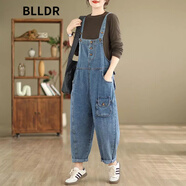 BLLDR潮牌復古牛仔背帶褲女2024春季新款韓版寬松顯瘦休閑哈倫連體褲子 藍色 M 建議105-118斤穿