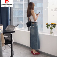 皮爾卡丹時(shí)尚開叉高腰裙女春復(fù)古梨形大碼顯瘦包臀a字中長半身裙針織 藍(lán)色 2XL【建議130-145斤】