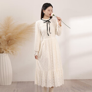 勿忘花杏色裙子秋2025年新款女裝蕾絲連衣裙高級感穿搭連身裙秋冬 淺杏色 L