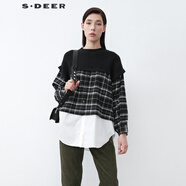 S.DEER圣迪奧女裝羅紋圓領(lǐng)格紋針織拼接不規則襯衫S21480508 黑色/91 S/160