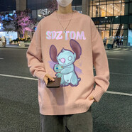 至唯 毛衣男冬季加厚寬松長(cháng)袖針織衫港風(fēng)潮牌ins青少年學(xué)生毛線(xiàn)衣時(shí)尚潮流印花百搭打底衫保暖帥氣上衣服 DMY304暗黑史迪仔粉紅色 M（75-95斤）