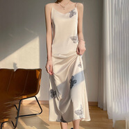 HIPPATIA高品質(zhì)緞面吊帶連衣裙女中長(zhǎng)款2025夏季絲滑真印花氣質(zhì)顯瘦長(zhǎng)裙子 香檳色 JXSZYRWA102 M 【裙子的裙長(zhǎng)較長(zhǎng)】