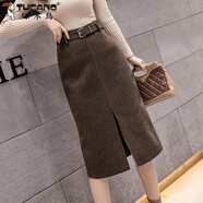 啄木鳥(niǎo)（TUCANO）秋冬新款毛呢半身裙女韓版百搭高腰顯瘦中長(cháng)款開(kāi)叉裙加厚一步裙女 咖色開(kāi)叉 S 建議95斤以下