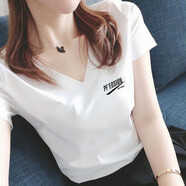 登森奧奧短袖t恤女顯瘦上衣2024夏季女裝新款休閑韓版V領(lǐng)印花棉體恤T恤女 白色PF XL 建議110-120斤