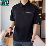 冠軍吉祥polo領(lǐng)衫男夏季有領(lǐng)絲光棉短袖t恤刺繡保羅衫上衣服半袖 黑色小標(biāo) L