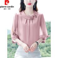 皮爾卡丹（pierre cardin）真絲襯衣女夏季新款洋氣時尚七分袖小衫高端桑蠶絲上衣顯瘦減齡 粉色 XL