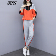 JPN 運(yùn)動套裝女 潮牌春秋新款微胖寬松顯瘦拼色半拉鏈套頭衛(wèi)衣兩件套 橘灰拼色【兩件套】 S