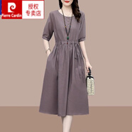 皮爾卡丹（pierre cardin）氣質(zhì)連衣裙2025年新款夏季女中長款收腰顯瘦遮肚a字短袖色裙子 豆沙色 XL 建議118-132斤
