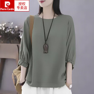 皮爾卡丹（pierre cardin）純色棉麻t恤女七分袖2025夏季新款文藝復(fù)古寬松圓領(lǐng)顯瘦上衣 綠色 XL 建議121-135斤