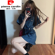 皮爾卡丹（pierre cardin）學(xué)院風(fēng)牛仔連衣裙女2025夏新款小個(gè)子收腰顯瘦藍(lán)色復(fù)古港味短裙子 藍(lán)色_連體裙 L _建議110-125斤